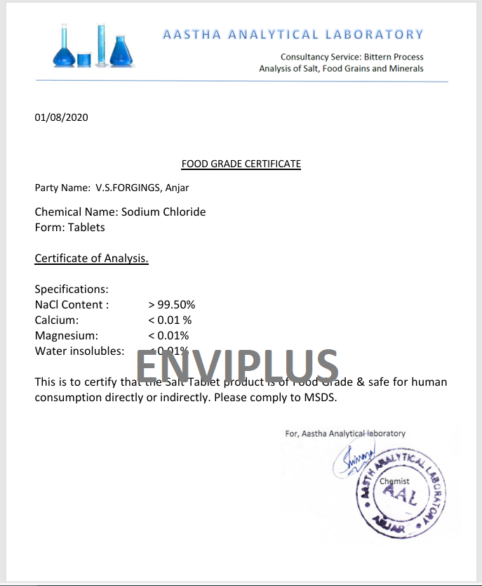 Giấy chứng nhận tiêu chuẩn Food Grade an toàn thực phẩm của muối hoàn nguyên Ấn Độ Vissoft