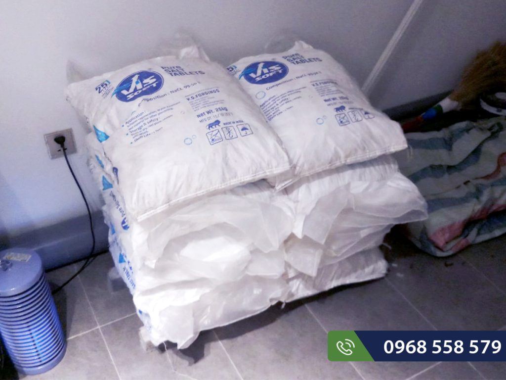 Nhân viên Enviplus giao muối viên hoàn nguyên Vissoft cho hệ thống lọc tổng AO Smith tại biệt thự.